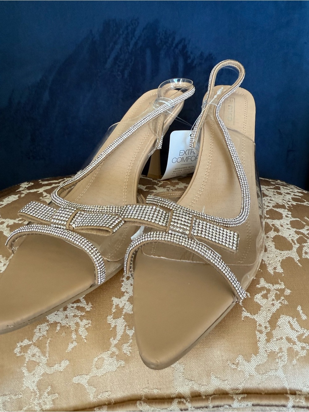 Women's Nude Slingback Heels with Rhinestone Trim